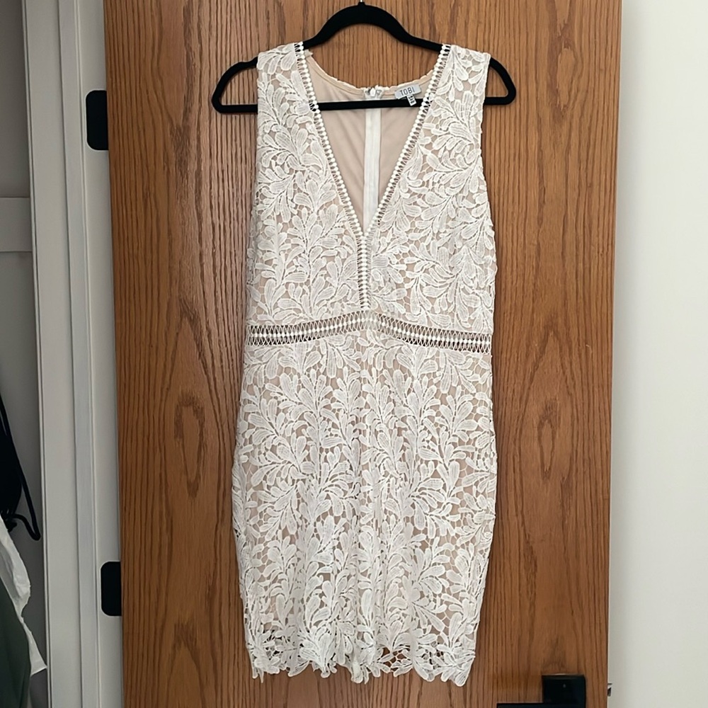 Ivory Lace Vneck Ladder Trim Bodycon Dress